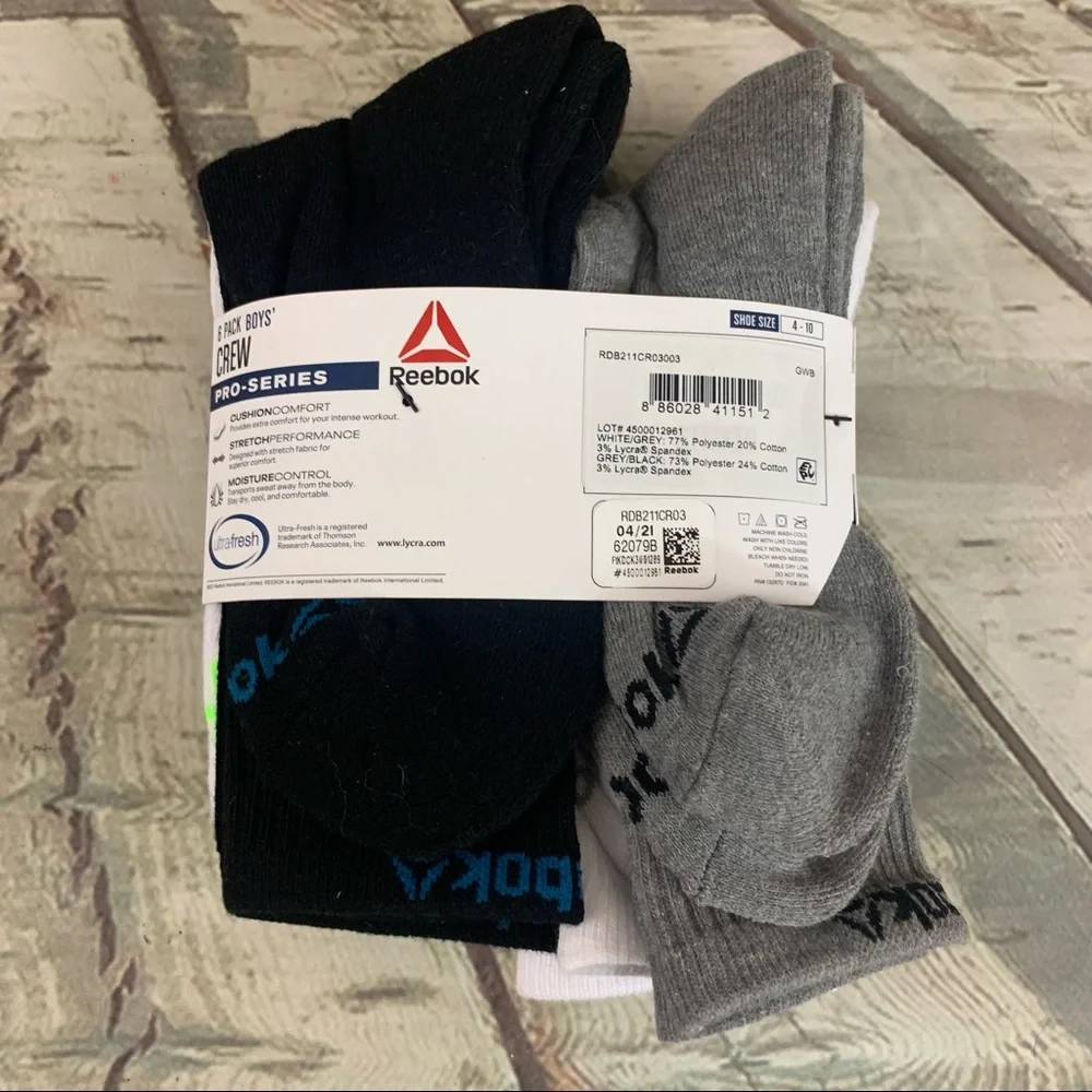 Reebok Large Boy's Crew Socks 6 Pack Pro Series Moisture Control Shoe Sz 4-10